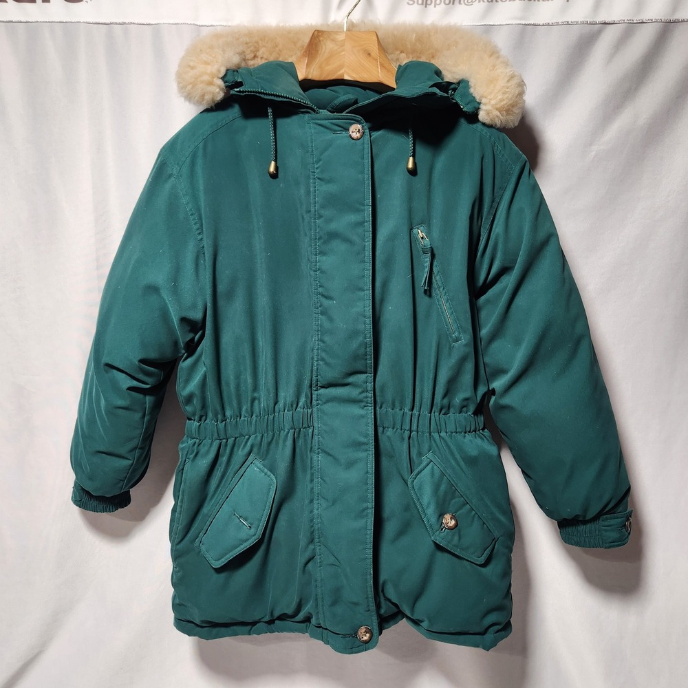 Vtg Eddie‎ Bauer Goose Down Polar Parka Green Sheep fur Trim Hood Jacket sz M